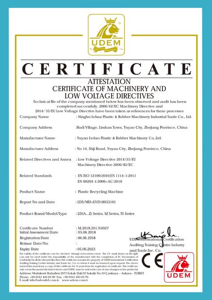 China NINGBO LVHUA PLASTIC &amp; RUBBER MACHINERY INDUSTRIAL TRADE CO.,LTD. certificaciones
